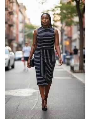 Cooper St. Black and White Striped Sleeveless Dress with High Neck